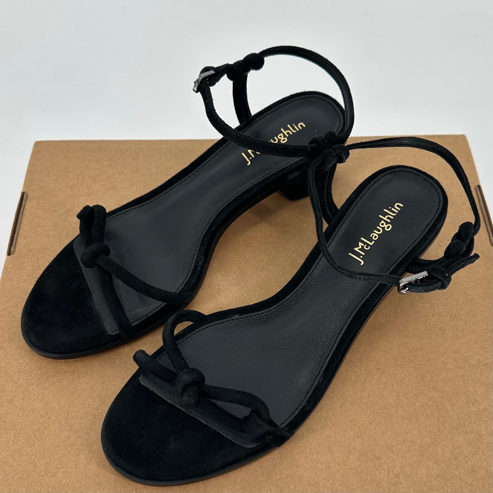 J. Mclaughlin Delilah Black Suede Low Block Heel Sandal Ankle Strap Open Toe 8 M